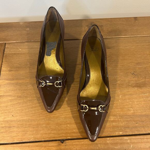 JOAN & DAVID Circa Sz 10 Brown Patent & Leather Gold Accent Pump Career Preppy - Picture 2 of 11